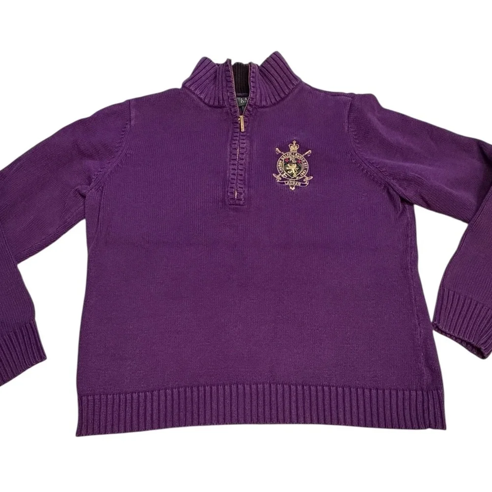 Lauren Ralph Lauren Women's 1/4 Zip‎ Sweater Purple Crest Large Petite Preppy